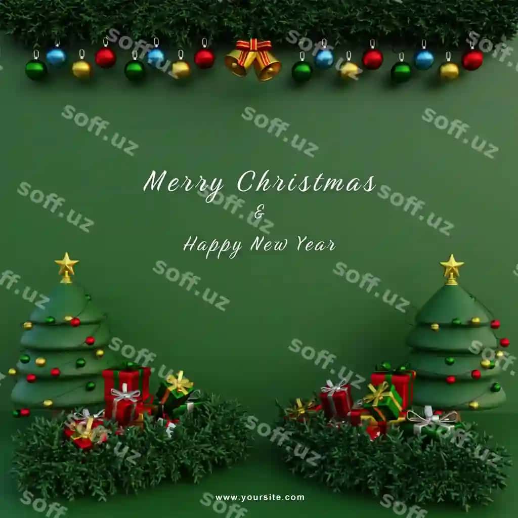 Ijtimoiy tarmoqlar uchun shablon Baxromli yil gul soddasi yashil fon Baxromli yil | Social media template merry christmas wreath green background christmas