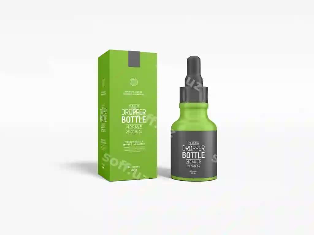 Parlak shisha kosmetik mohim moy damalatgichli shisha idish brend namunasi | Glossy glass cosmetic essential oil dropper bottle branding mockup