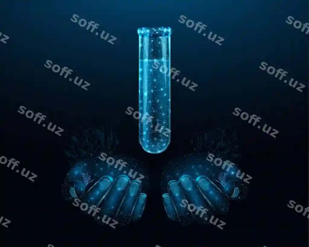 Ikki inson qo'llari ko'k rangda yorqin lowpoly tordagi model test qabını tutmoqda. | Two human hands are holds test tube glowing blue lowpoly wireframe