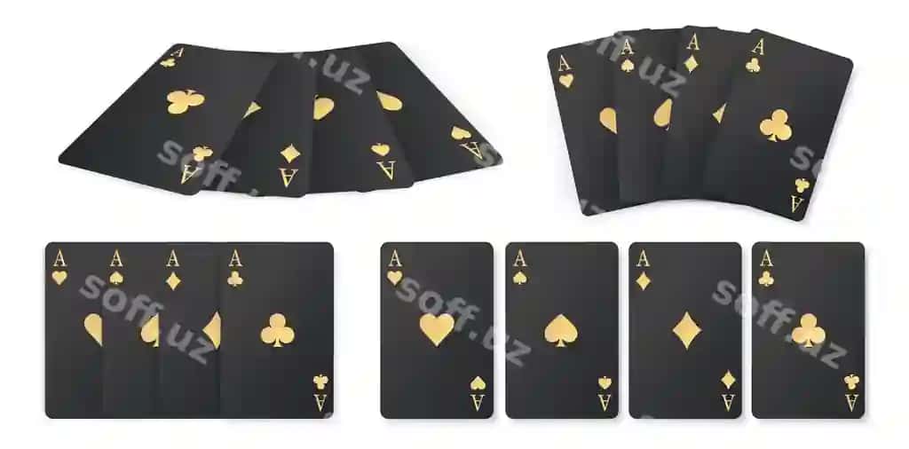 Qora poker kartalari oltin belgilar bilan oltin karta mavalalari to'rt aslar | Black poker cards with gold symbols golden card suits four aces