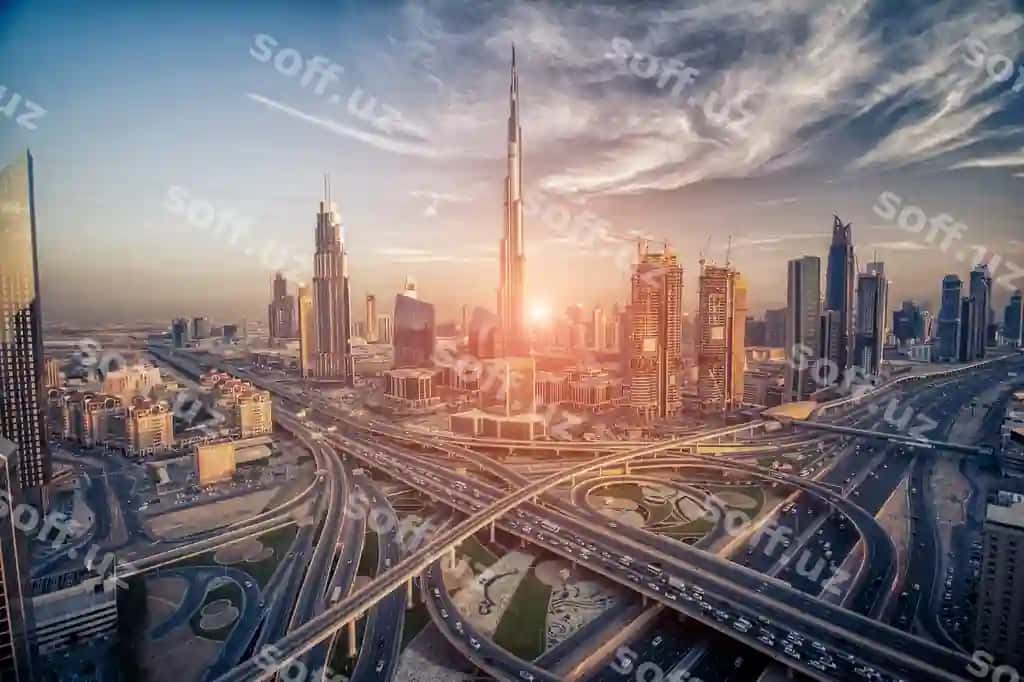 Dubai shahar konturu kechki paytda quyosh botirganda | Dubai skyline evening about sunset