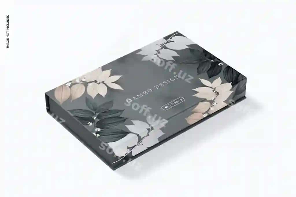 Tekis magnitli quticha namunasi tomon ko'rinishi | Flat magnetic box mockup side view