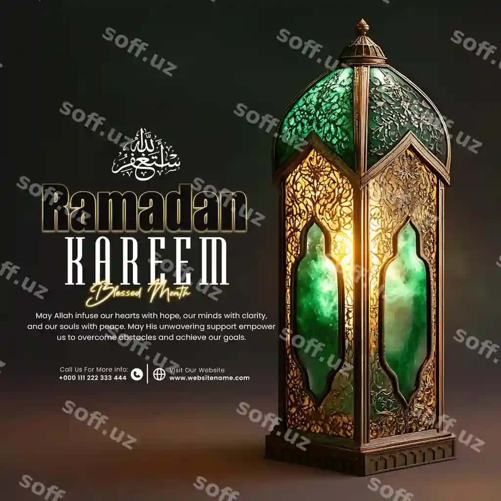 Ramazon kareem ijtimoiy media posti, g'amrli islam choynachiq yorqinlovchi. | Ramadan kareem social media post with ornate islamic lantern illuminating