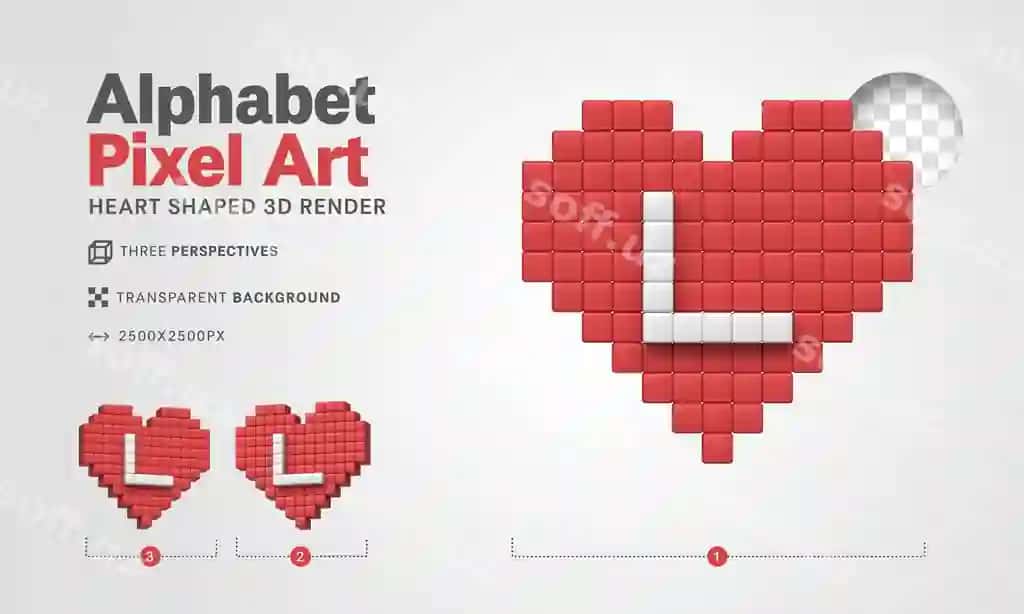 Harf l alfavit pixel art 3D render shaffof fon | Letter l alphabet pixel art 3d render transparent background