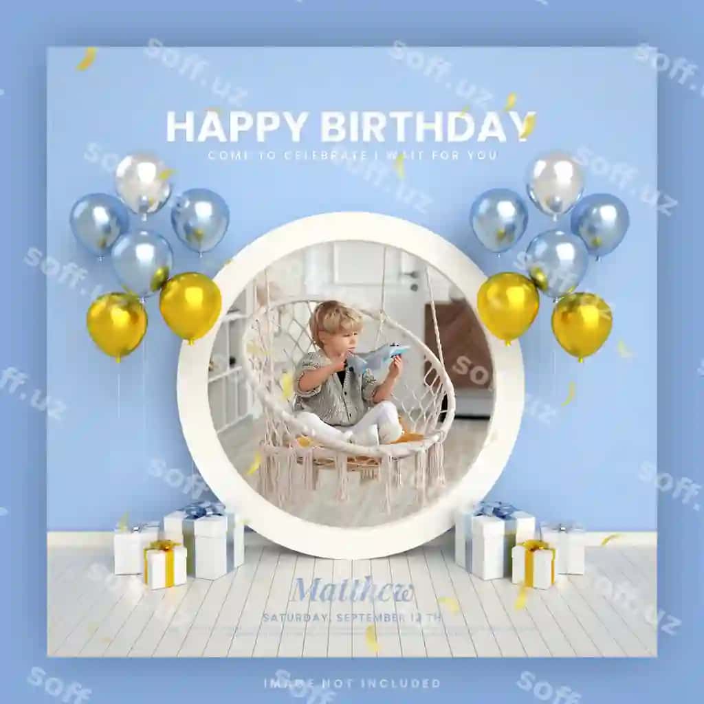 O'g'il bola tug'ilgan kuni bilan tabriknoma ko'k instagram ijtimoiy media posti | Boy happy birthday invitation card blue instagram social media post