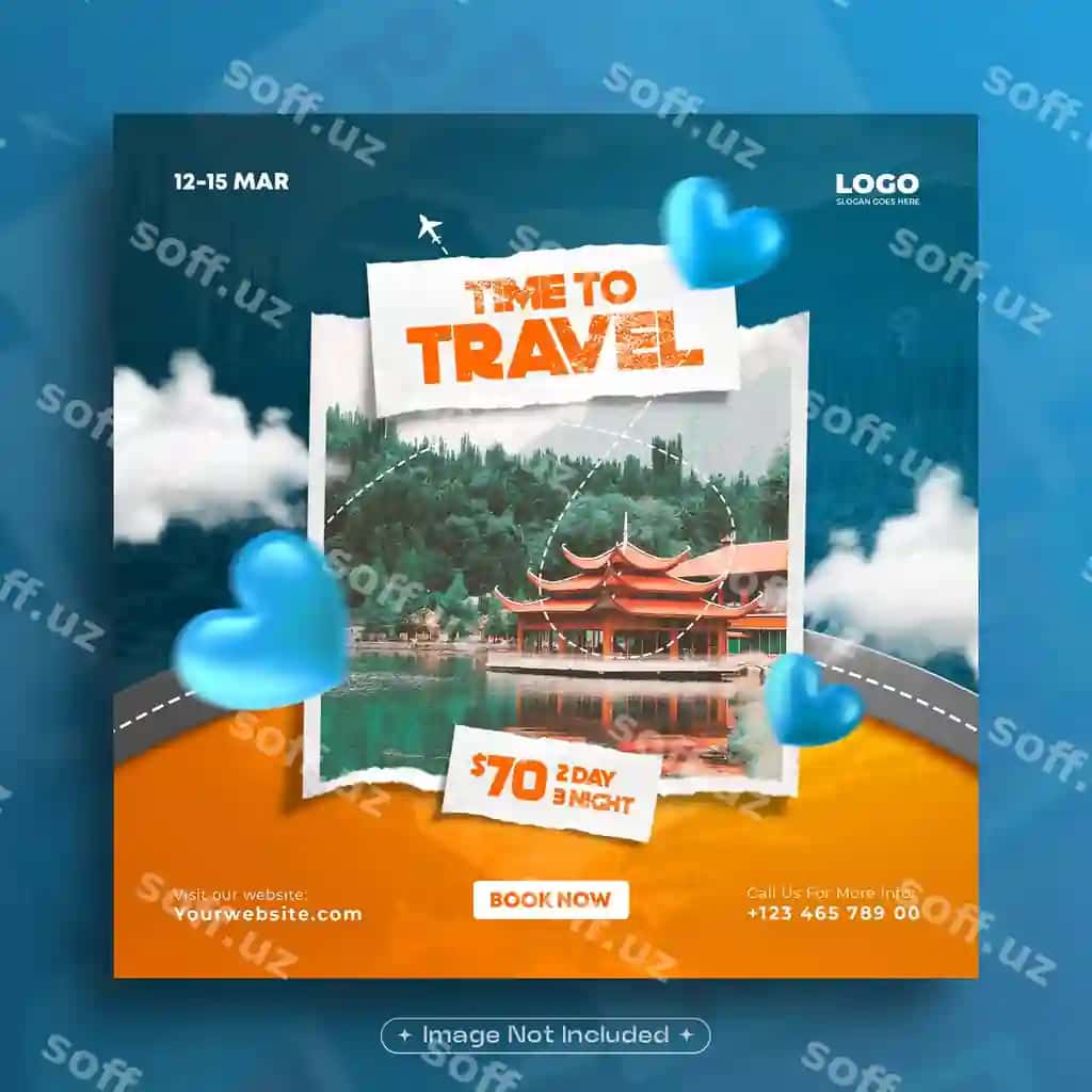 Sayohat turizmi ijtimoiy tarmoqlar shabloni foto freym bilan | Travel tourism socila media template with photo frame