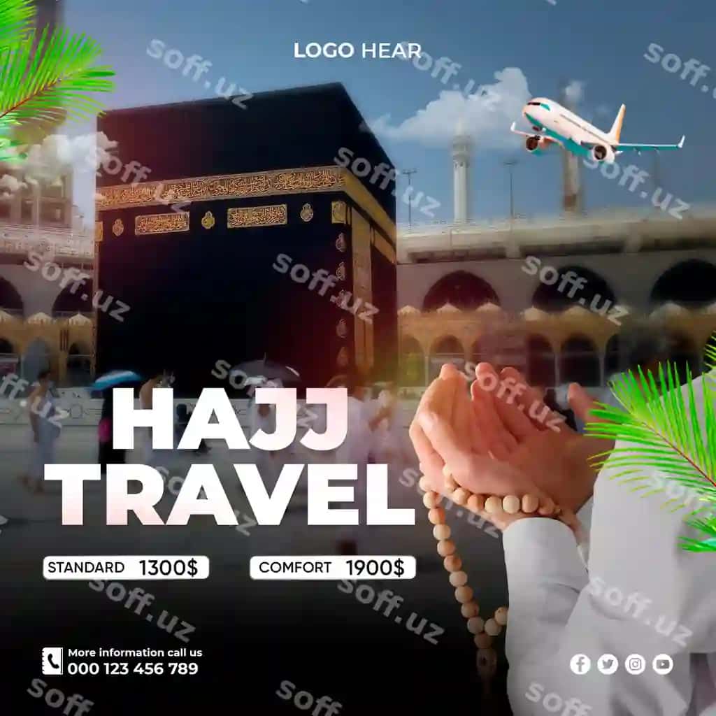 Hajj Umrah sayohat uchun ijtimoiy media posti shabloni psd fayli | Hajj umrah travel social media post template psd file