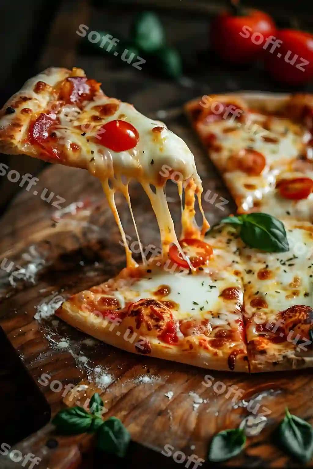 Italiya pitasi yog'och stol dona issiq pizza qozoniq uzilmoqda | Italian pizza wooden table piece hot pizza with cheese stretching