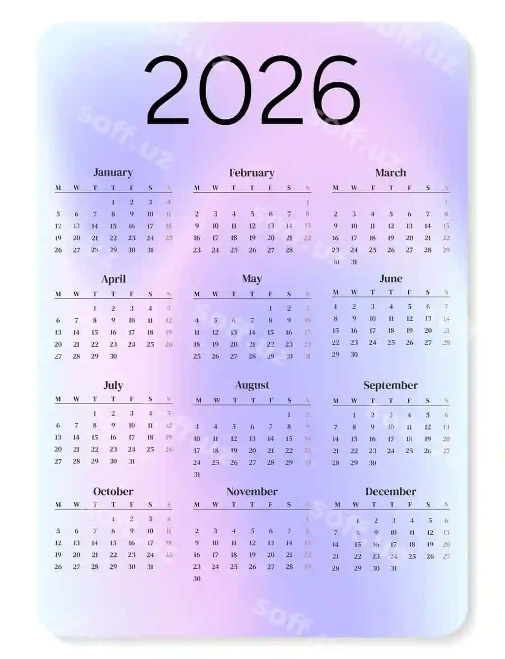 2026-yil Qozon takvimi hafta dushanbadan boshlanadi | Pocket calendar 2026 week starts monday