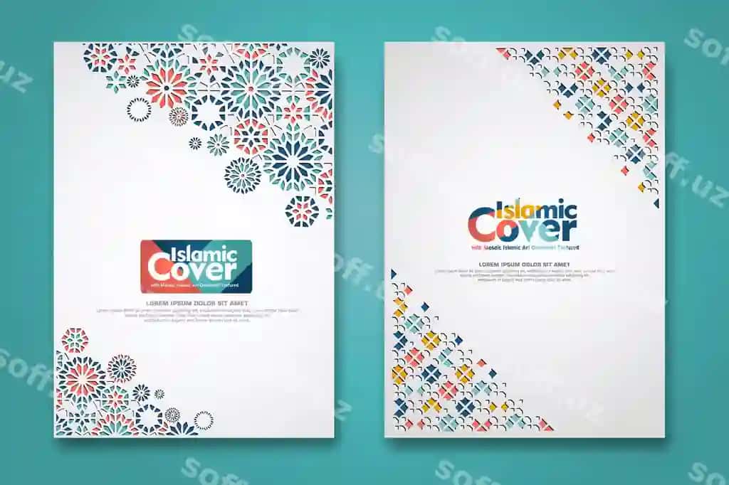 Islomiy qop orqa fon shabloni dekorativ rangli detallar bilan | Islamic cover background template with ornamental colorful detail