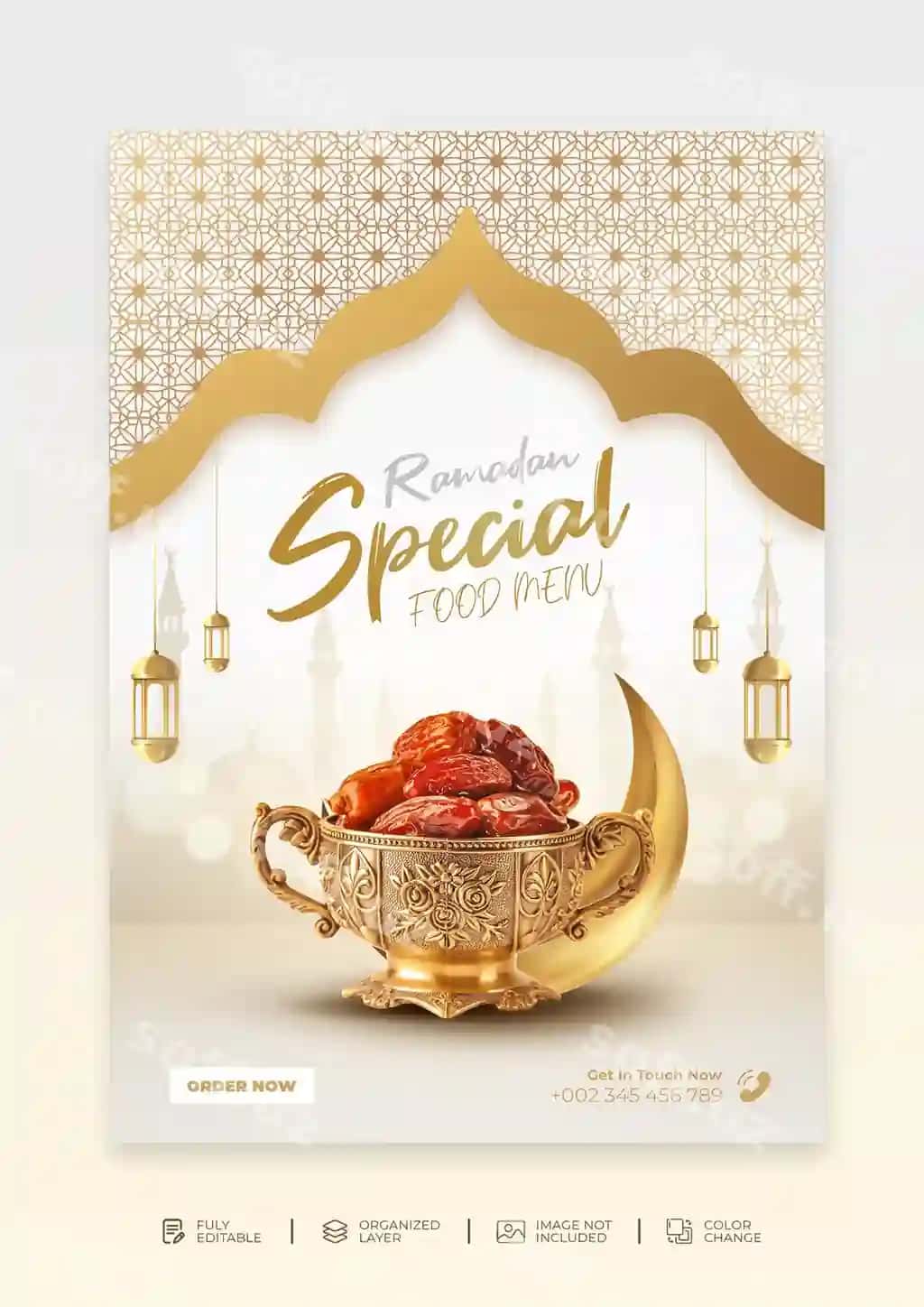 Ramazon maxsus ovqat menyusi oltin arab dizayni bilan | Ramadan special food menu with gold arabic design