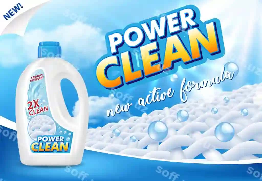 Gel sivqatli kir poyabzoni mayasi reklama illustratsiyasi | Gel liquid laundry detergent advertising illustration