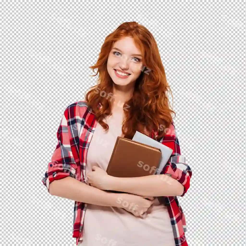 Rasm gulchi qizil sochli ayol ko'ylak kiygan kitoblarni kamlab tutmoqda | Image smiling ginger woman shirt hugging books
