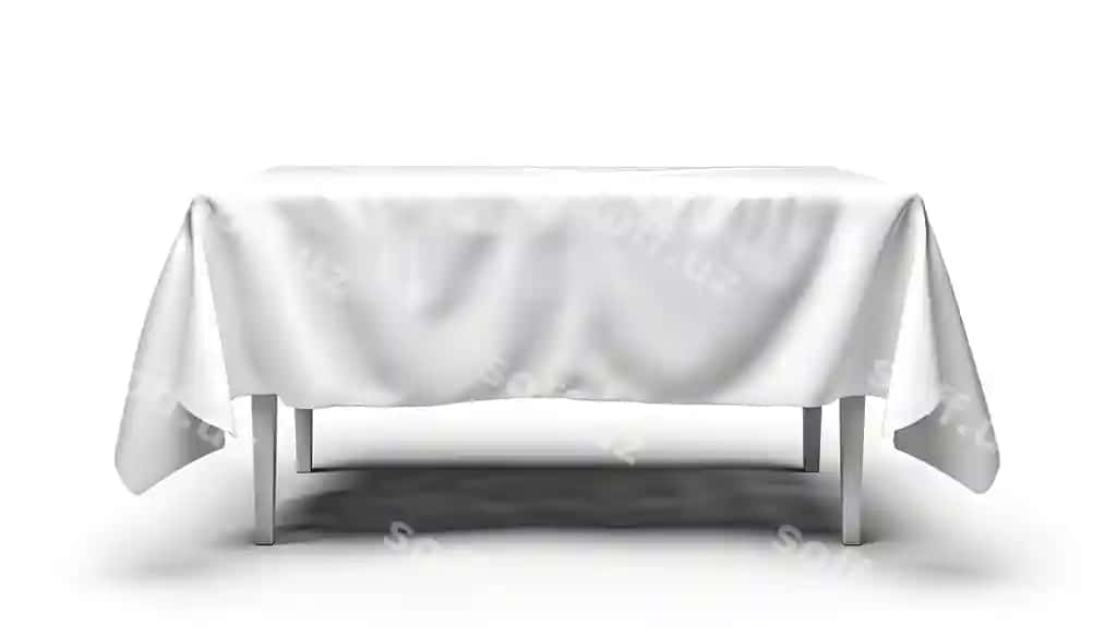 Stol oq meftun bilan oq fonda ajraltirilgan | Table with white tablecloth isolated white