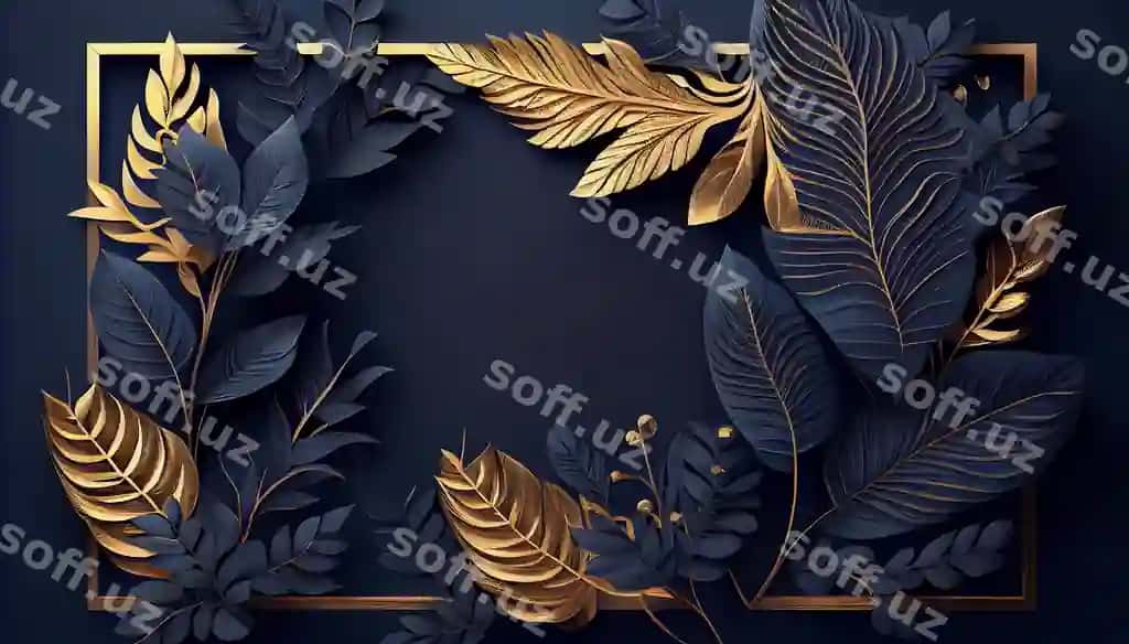 Orqa fonda ramka oltin ko'k tropik varaq AI generatsiya qilish | Background frame with golden blue tropical leaves generate ai