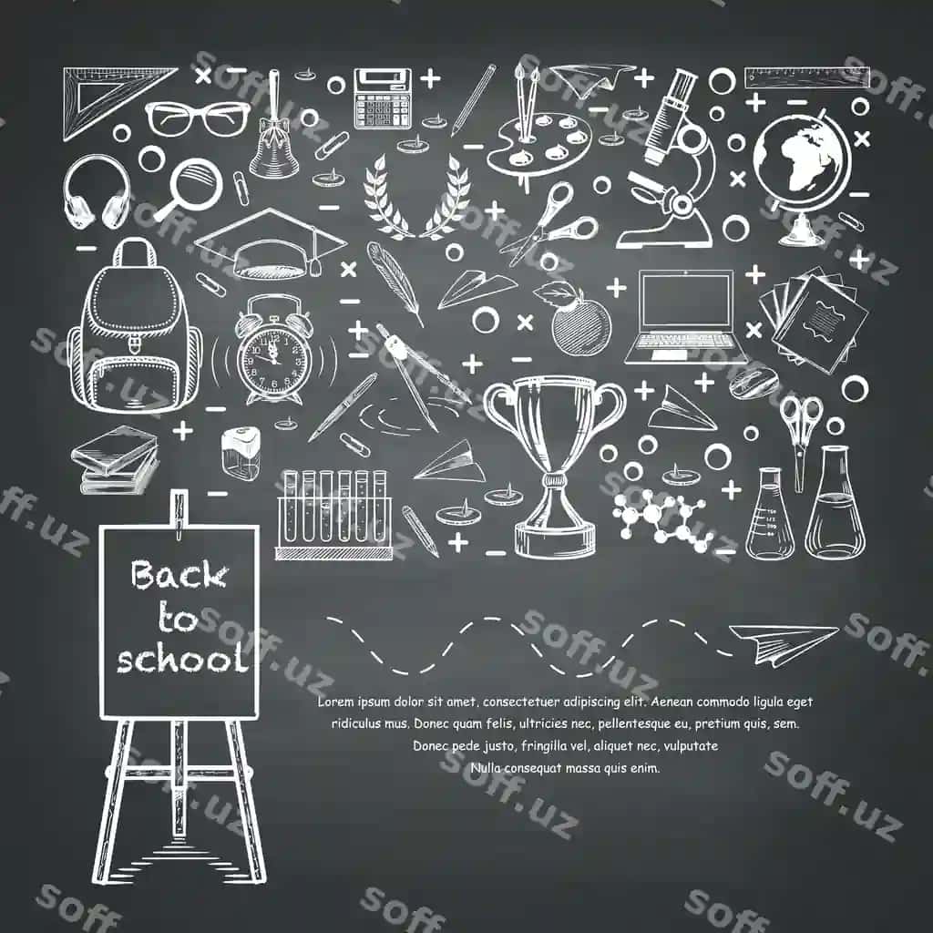 Baner orqa maktab sketsa stilizatsiya qilingan chizish chalk bilan qora doska | Banner back school sketch stylized drawing with chalk black board