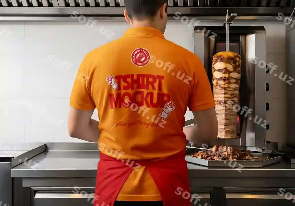 Oshpaz shawarma tayyorlashda futbolka mockup bilan | Chef preparing shawarma with t shirt mockup