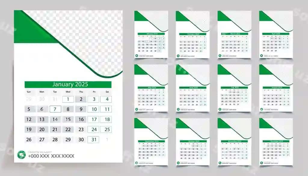 Taqvim yashil oq ranglar bilan yashil chegaraga ega | Calendar with green white colors green border