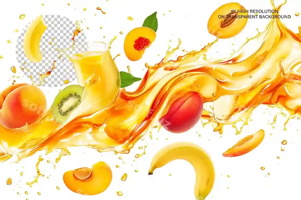 Aralash mevalar bilan shirin suv splavashi shaffof fon | Juice splash with mixed fruits transparent background