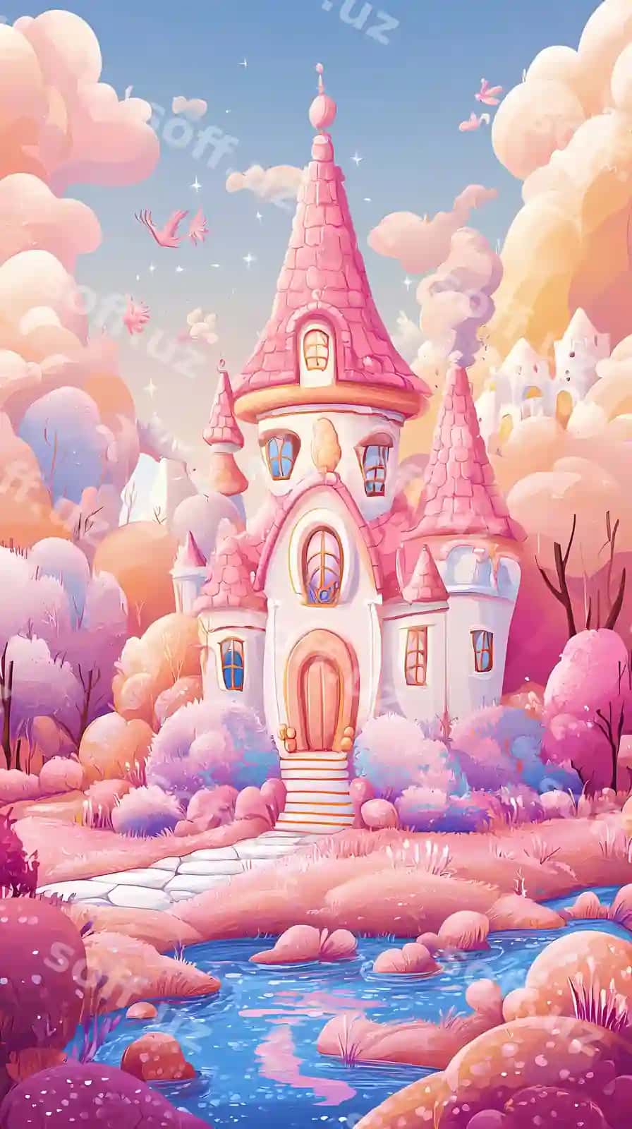 Ajoyib binopodarangi qala atrofda rangli daraxtlar, tinch daryo, pastel asosgi | Whimsical pink castle surrounded by colorful trees serene river pastel sky