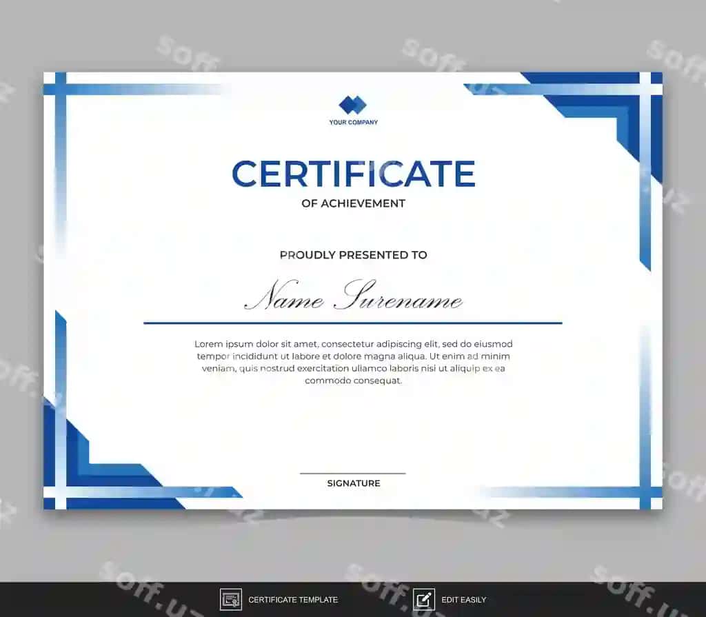 Chiroyli sertifikat muvaffaqiyat shabloni ko'k aksentlar bilan | Elegant certificate achievement template with blue accents