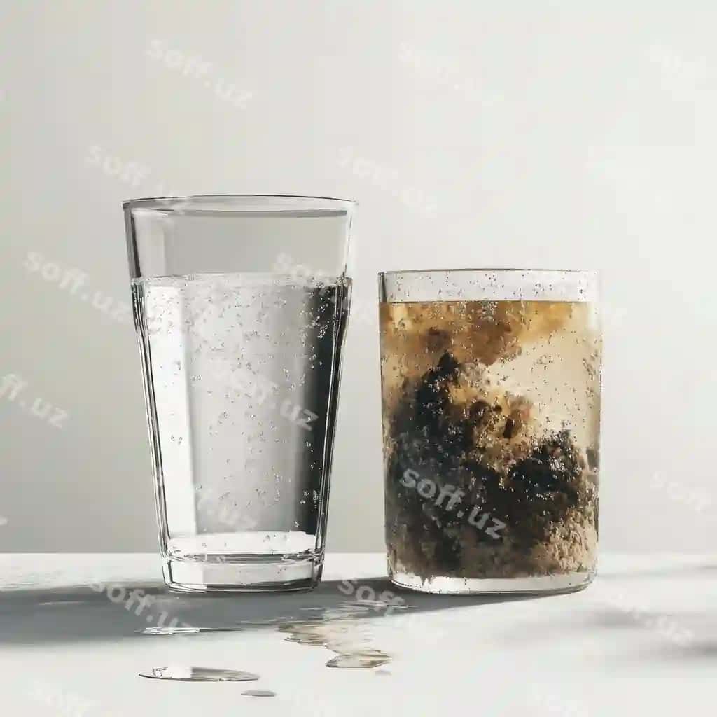 Ikki stakan suvo, bittasi toza, bittasi ifloslangan, oq stol usti. | Two glasses water one clean one contaminated white tabletop