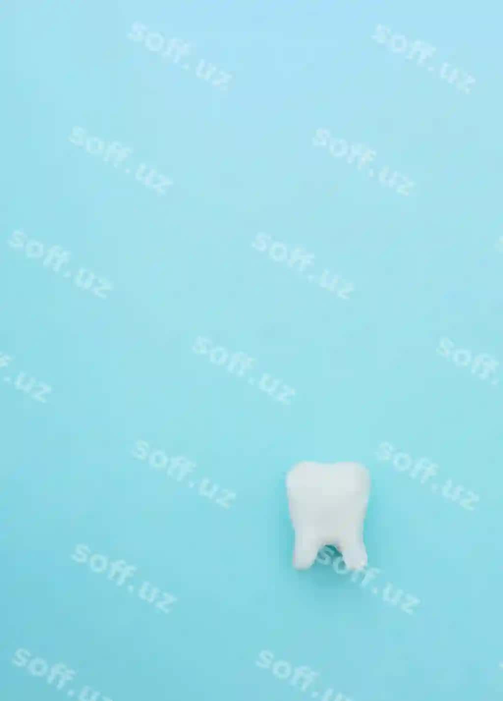 Tish soog'liqni saqlash kontseptsiyasi oq tish modeli ko'k orqa fonda matn joyi bilan | Dental care concept white tooth model blue background with copy space