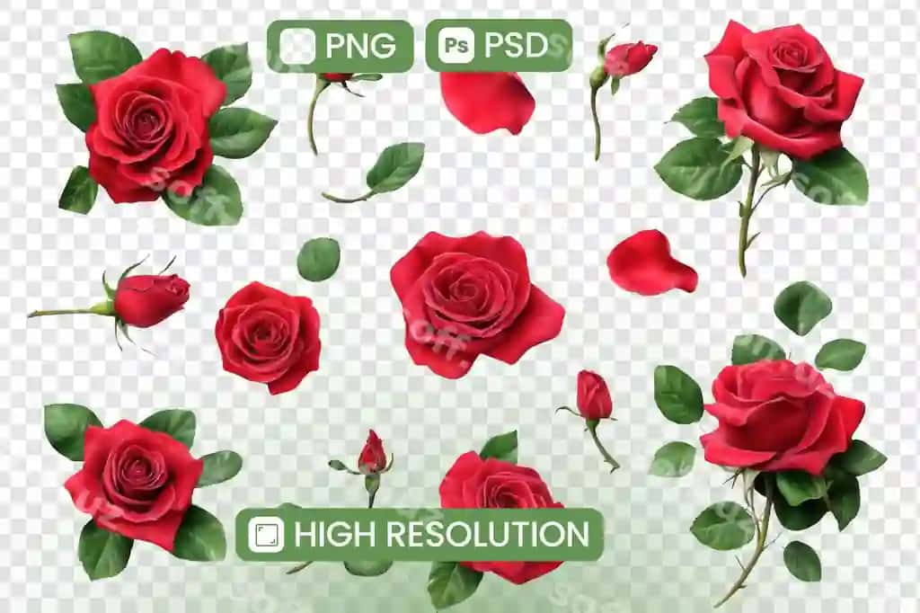 Yuqori o'lchamli qizil atirgul png psd rasmlari, ochilgan gullar, chimilgan gullar, gul qatlamlari | Highresolution red roses png psd images blooming flowers buds petals