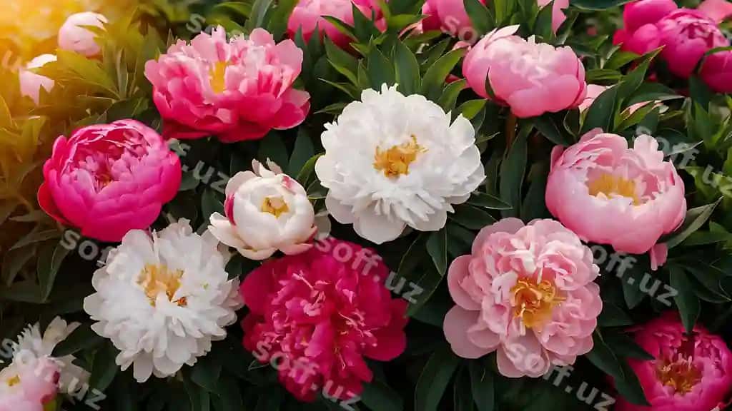Bahor orqa fonda gullagan pionlar gullari yaproqlari | Spring backgroung flowering peonies flowers leaves