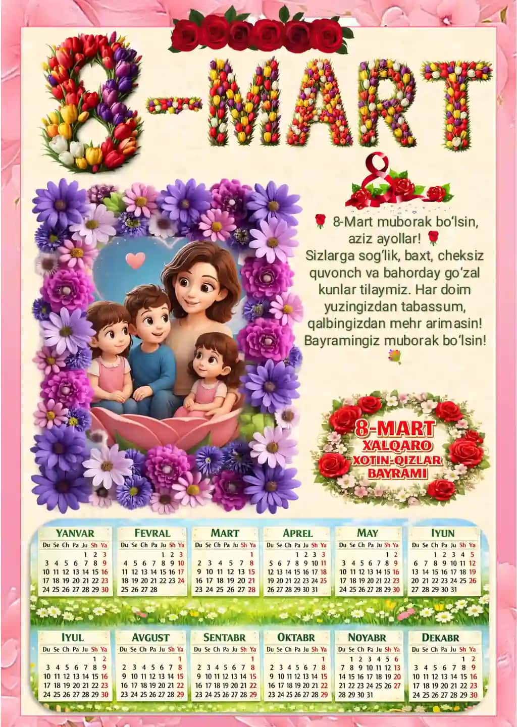 8-Mart xalqaro xotin-qizlar bayrami uchun 2026 kalendarli portret