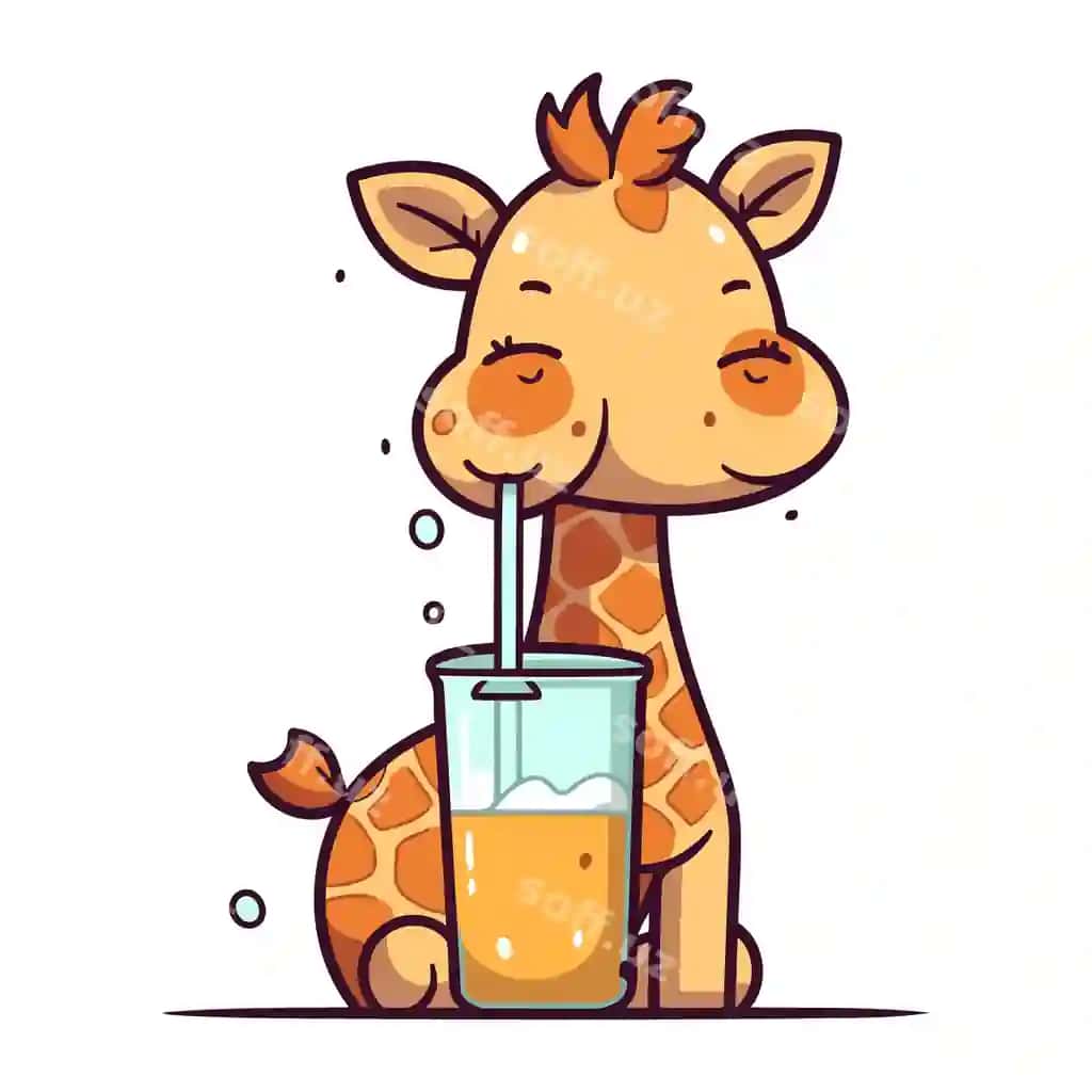 Chiroyli jangiri stakandan shirin choy ichyotgan vektor karyunka illustratsiyasi | Cute giraffe drinking juice from glass vector cartoon illustration