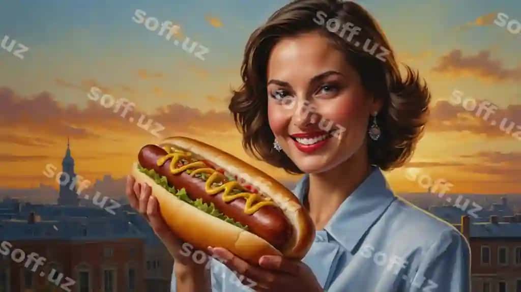 Ayol katta hot-dogni qo'llari bilan tutgan. | Woman holding big hot dog her hands