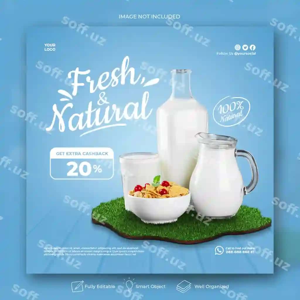 Sut mahsulotlari ovqat sosial media banner shabloni | Dairy product food social media banner template