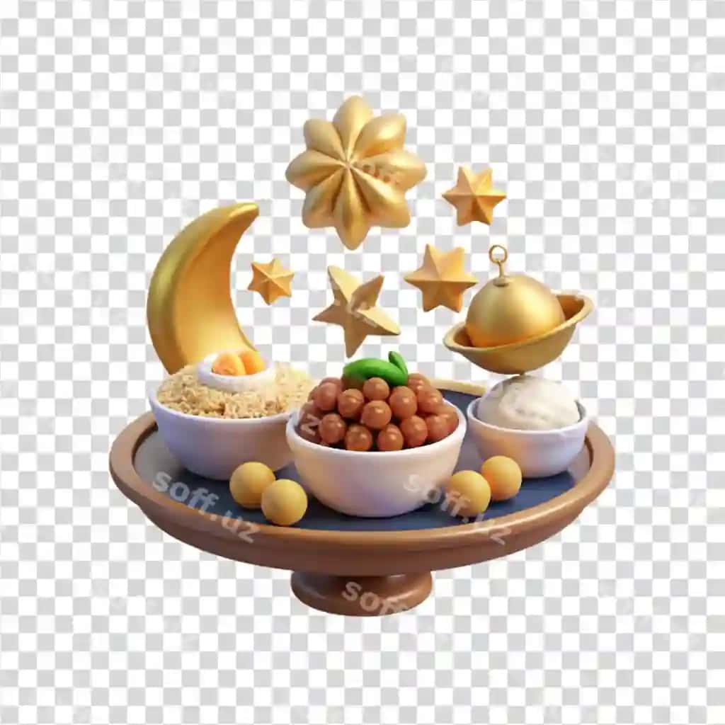 Osmoniy 3D render bayramiy ovqatlar trayi | Celestial treats 3d render festive food tray
