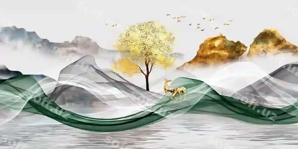 Zamonaviy anqarli san'at devor manzarasi rasm oltin orqa manzara moda devor varaqi | Modern abstract art wall landscape painting golden background scenery fashionable wallpaper