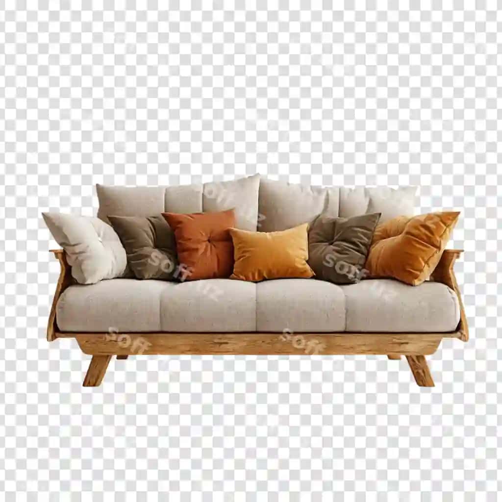 Zamonaviy qulay divan yog'och freymi bilan, yer rangli podkovyonlar | Cozy modern sofa with wooden frame earth toned cushions