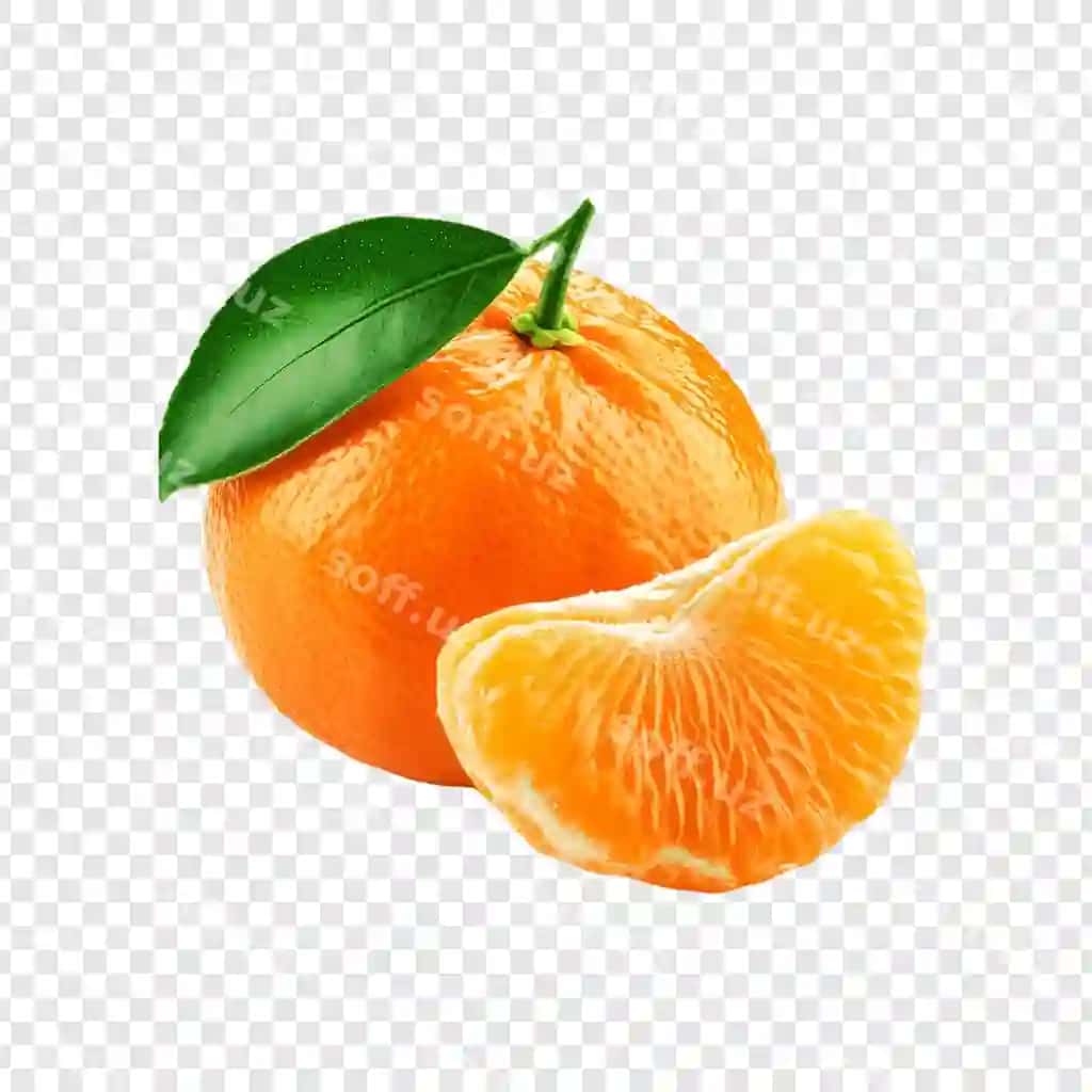 Yangi mandarin apelsini mevasi kesilgan yaproq bilan shaffof ajraltirilgan | Fresh mandarin orange fruit with slice leaf isolated transparent