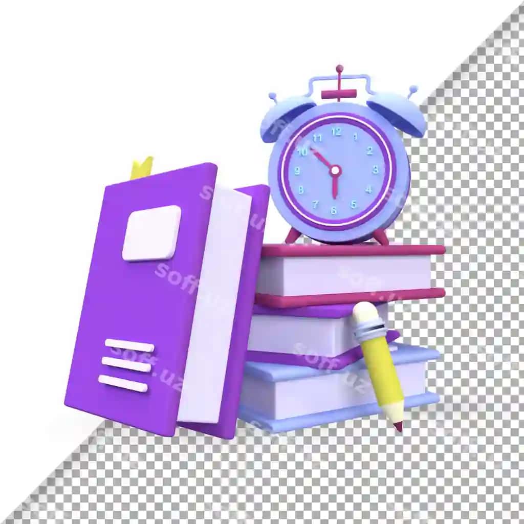 3d render ikon soat illustratsiyasi orqa foni bilan joylangan kitoblar to'plami | Stack books with alarm clock illustration background 3d render icon