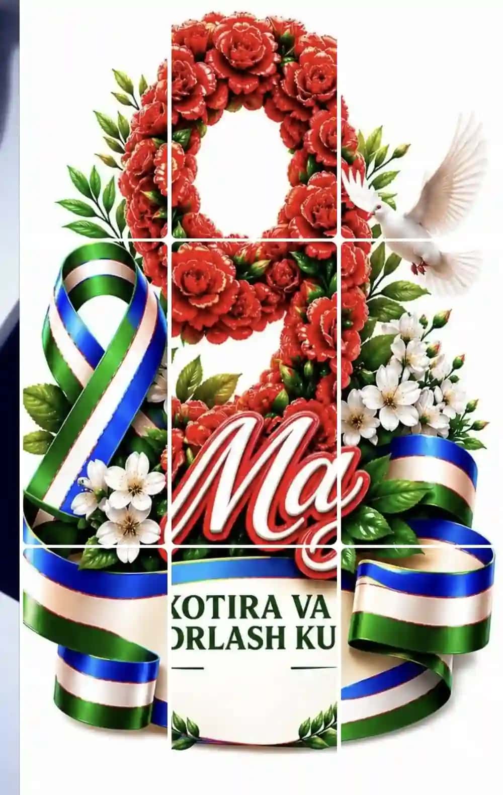 9-may xotira va qadrlash kuniga bo'laklarga bo'lingan rasmlar