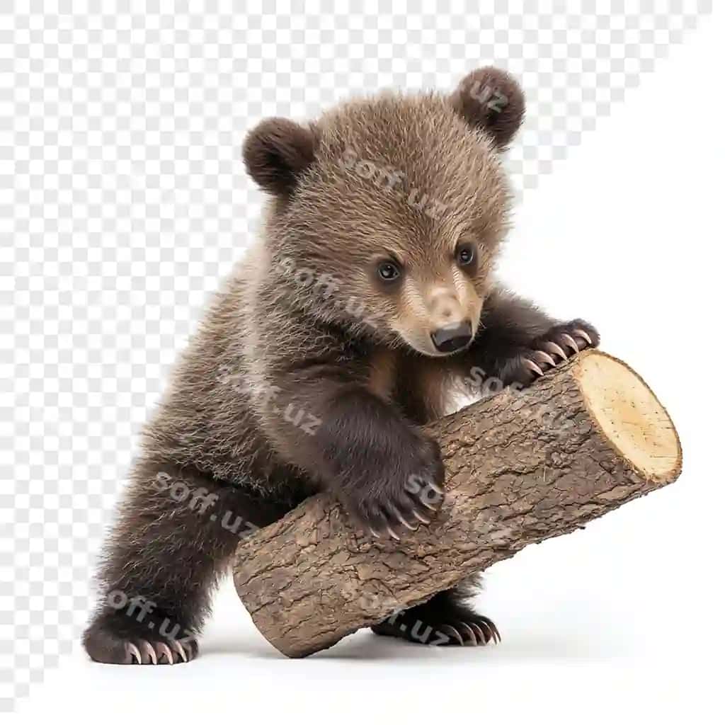 Jigarrang ayiq bolasi o'z o'yogi bilan yog'och tutadi. | Brown bear cub holding log with log its paws