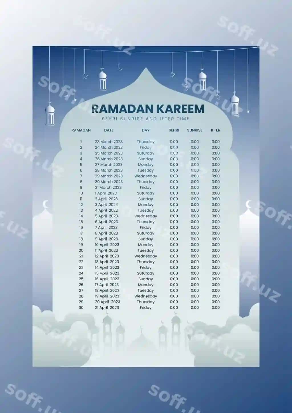 Ramazon 2023 yil takvimi mavzusi vektor shablon takvimi | Ramadan time 2023 calendar theme template vector calendar