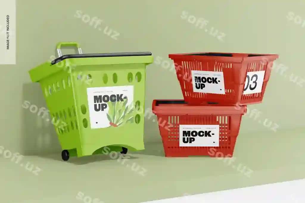 Supermarket xarid savatlari namuna joylab tushgan | Supermarket shopping carts mockup stacked
