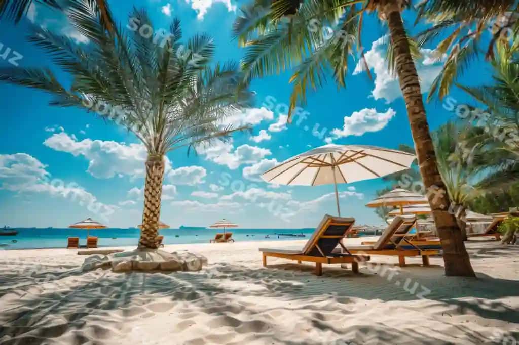 Stullar va paypo'chlar bilan sochqa, ajoyib tabiiy manzaralar | Beach with chairs umbrellas stunning natural scenery