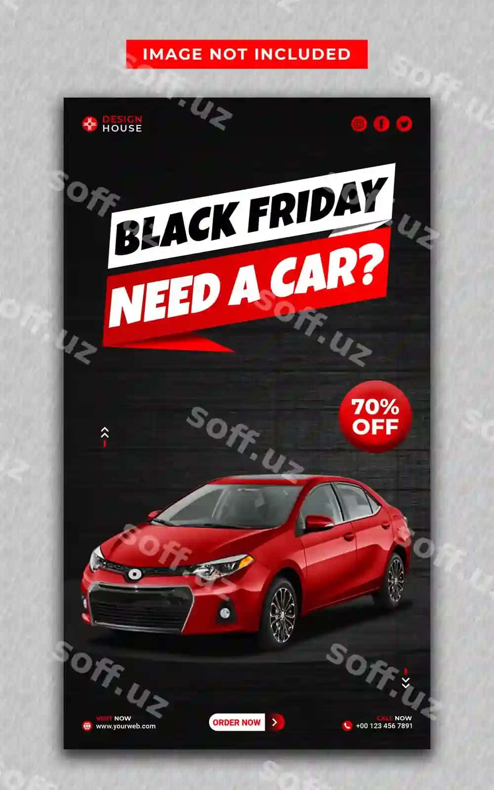 Qizil rang ijara mashina Qora Juma ijtimoiy tarmoqlar Instagram hikoyalari shabloni | Red color rent car black friday social media instagram stories template