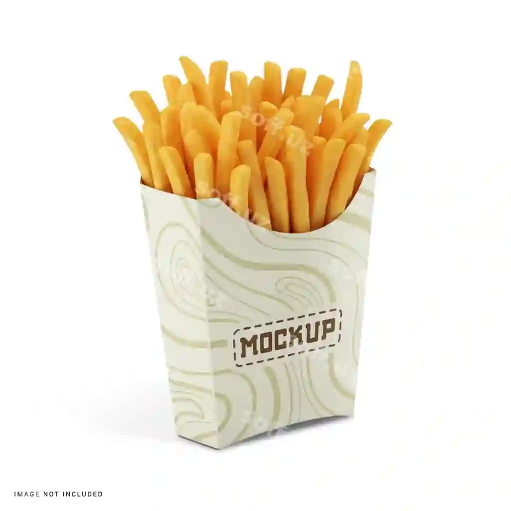 Frenc fries qutichi PSD mockup uch chorak ko'rinish to'liq tahrirlanga rang | French fries box psd mockup three quarter view fully editable color