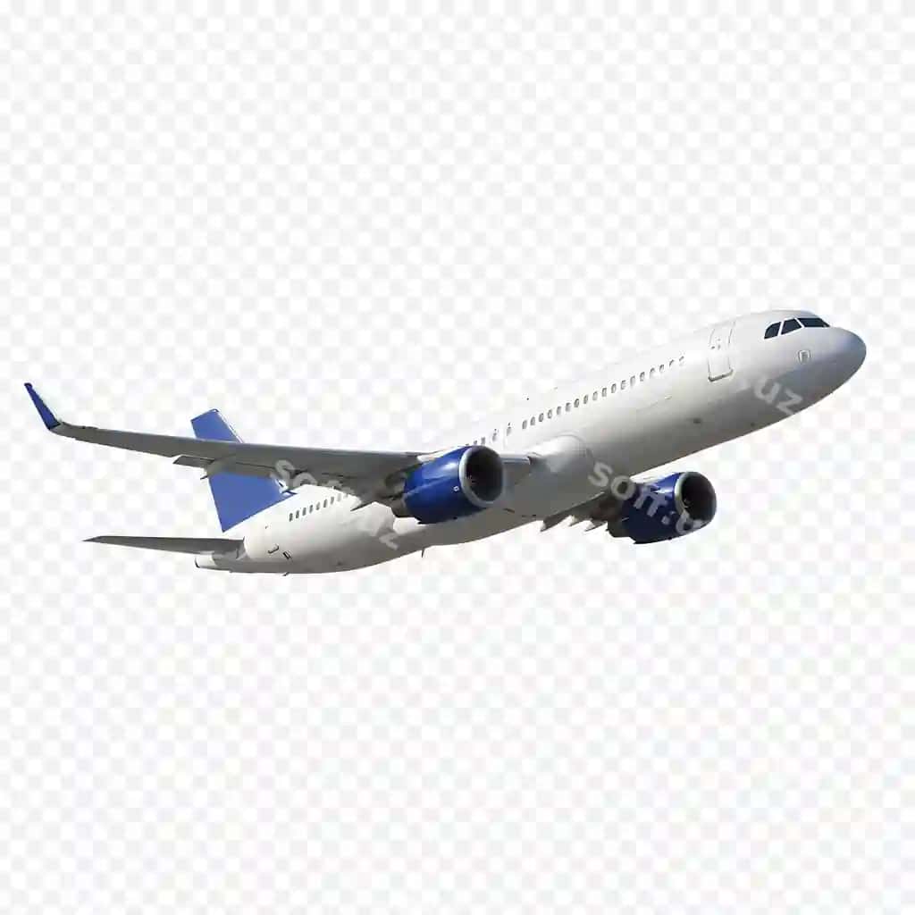 Oq ko'k samolyot shaffof orqa fonda uchmoqda | White blue airplane taking off with transparent background