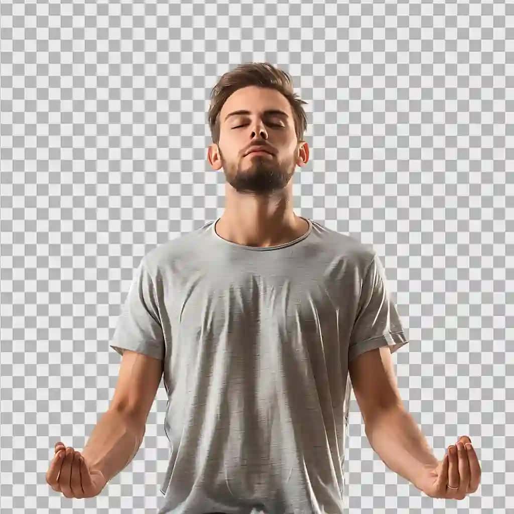 Yoga meditatsiyasi kontseptsiyasi diqqatni jamlagan, bo'shashgan odam tik turgan holda meditatsiya qiladi | Yoga meditation concept concentrated relaxed man standing meditation