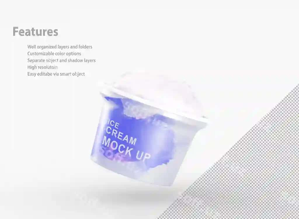 Ko'k plastik stakanchik muzlatma shar bilan haqiqiy namuna qog'oz qozon | Blue plastic cup with ice cream ball realistic mockup paper bucket