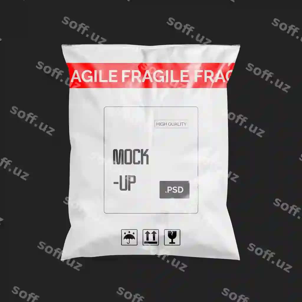 Namuna oq plastik po'cha sirg'ali ogohlantirish belgisi bilan | Mockup white plastic bag with fragile warning label