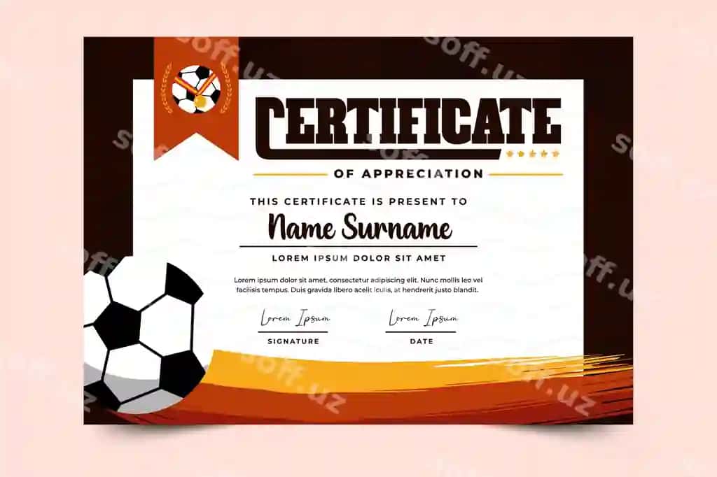 Futbol turniri sport tadbirlar uchun sertifikat dizayni shablon maydoni | Football tournament sport event certificate design template field